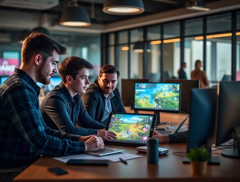 Team of developers working on mobile entertainment app