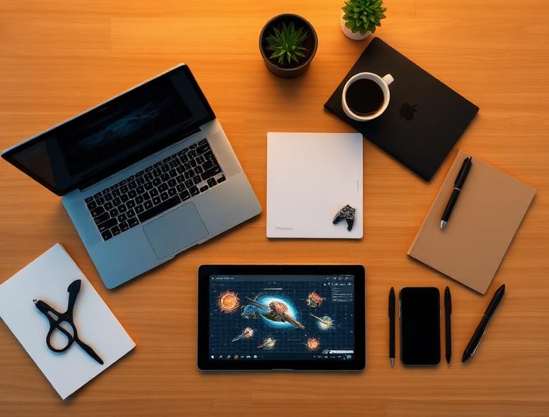 Modern workspace with devices showing slot game interfaces