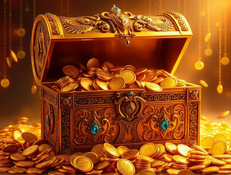 Golden treasure chest overflowing with coins and gems